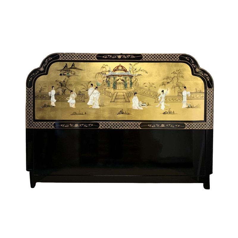 Gold Leaf Oriental Headboard with Mother Of Pearl Pagoda Scene, Full / Double