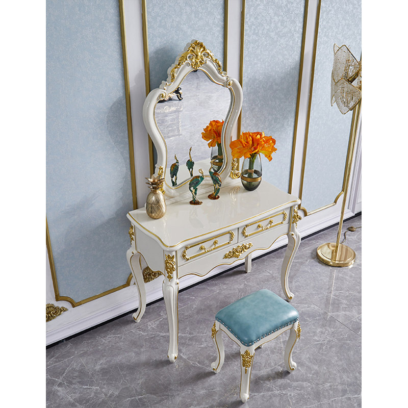 Coiffeuse de style européen en chêne blanc avec incrustations dorées pour chambre à coucher