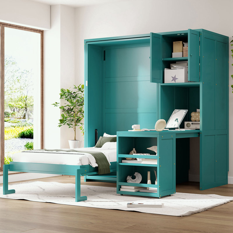 Lit escamotable mural simple avec bibliothèque, armoire supérieure, bureau extensible et rangement latéral, Bleu sarcelle