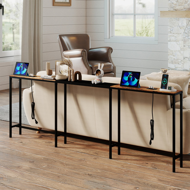 Table de canapé étroite avec 2 prises de courant, longueur réglable de 86,6 à 110,2 pouces, H 29,5 po x l 86 po x P 5,9 po