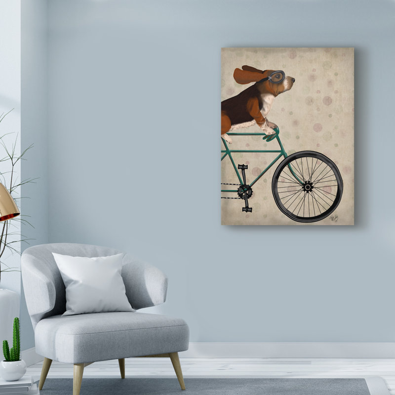 « basset hound on bicycle », reproduction d’impression sur toile tendue, H 32 po x l 24 po x p 2 po