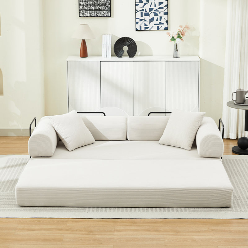 Convertible 78.5" 3 - Seater Bed, Fold Out Futon With 2 Pillows, Corduroy Material, Foam Spring Mattress For Apartment, Vacuum Packed, No Assembly Required Couch Beige Corduroy, Floor Needed