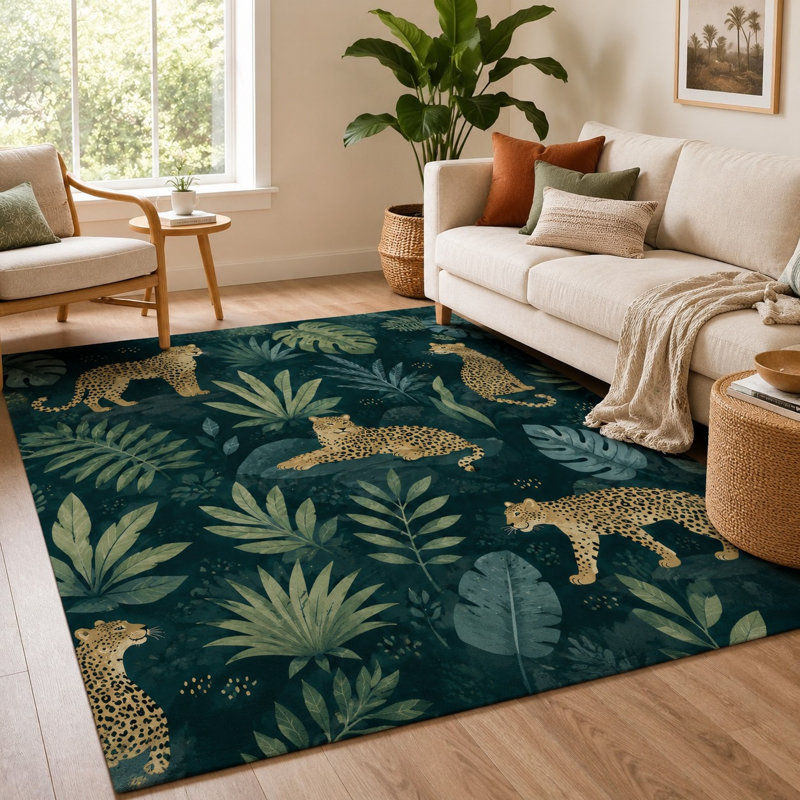 Tapis à motif de jungle léopard 1Pcs - grand, mince, lavable, facile à nettoyer, envers antidérapant, salon, chambre à coucher, cuisine, bureau