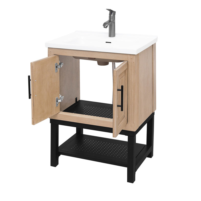 Armoire de salle de bain de 24 pouces avec base en métal, lavabo en céramique blanc sans couture et 2 armoires de rangement avec cadre de meuble-lavabo, tablette ouverte pour l'intérieur et l'extérieur