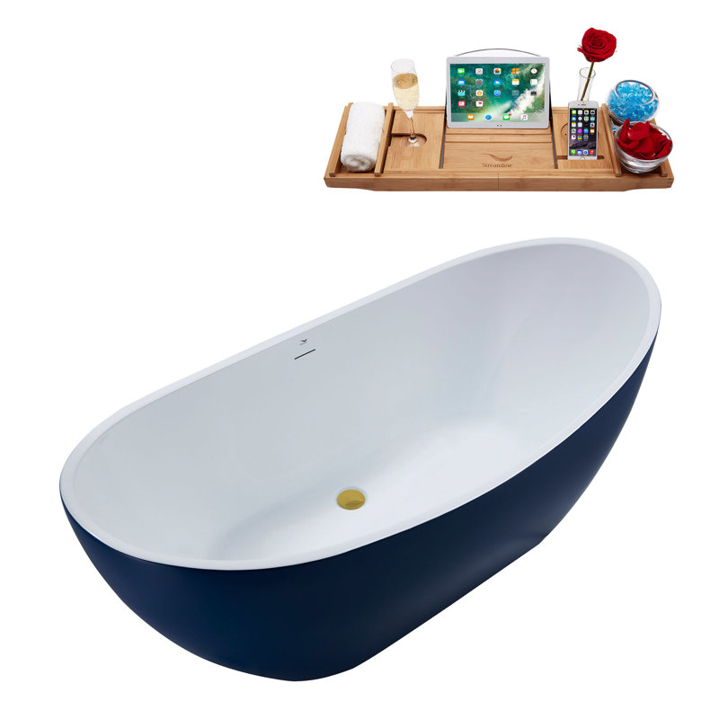 Baignoire de trempage autoportante en acrylique 62 "avec bonde et plateau en bambou Streamline, Or brossé