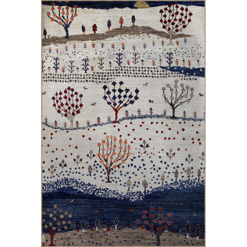 Tapis décoratif bleu et beige, Tapis de couloir 3 pi 3,37 po x 9 pi 10,11 po