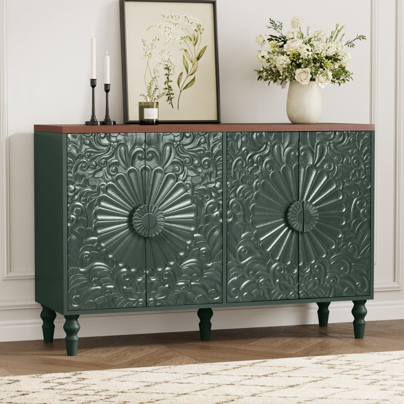 Buffet de 46,5 po de largeur à 4 portes avec plateau rétro en bois à motif floral en relief, vert, Green