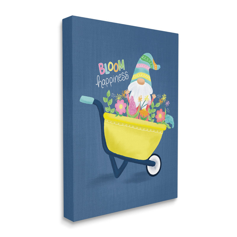 «Bloom Happiness Expression», gnome à fleurs jaunes par Emily Cromwell, L 16 po x H 20 po, Toile tendue