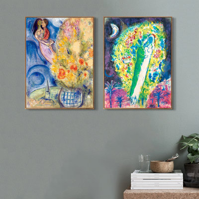 "Giclée sur toile encadrée", ensemble de 2 pièces par Marc Chagall, série d'art mural n ° 26 pour les décorations de bureau à domicile (cadre de couleur bois mince, 18 po x 24 po chaque pièce)