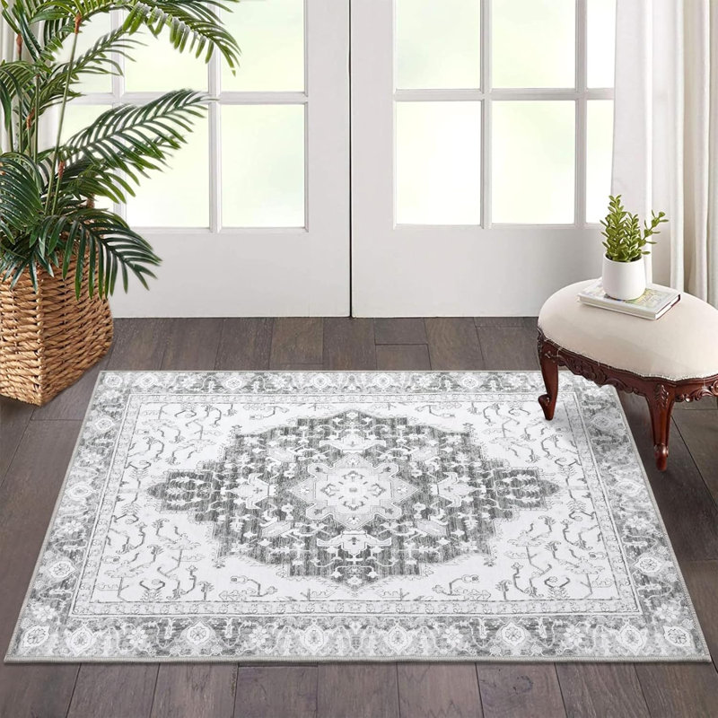 2x3 Boho Printed Area Rug – Soft Washable Carpet, Distressed Pattern, Non-Slip, Foldable, Low Pile for Living Room, Bedroom, Office (Blue)