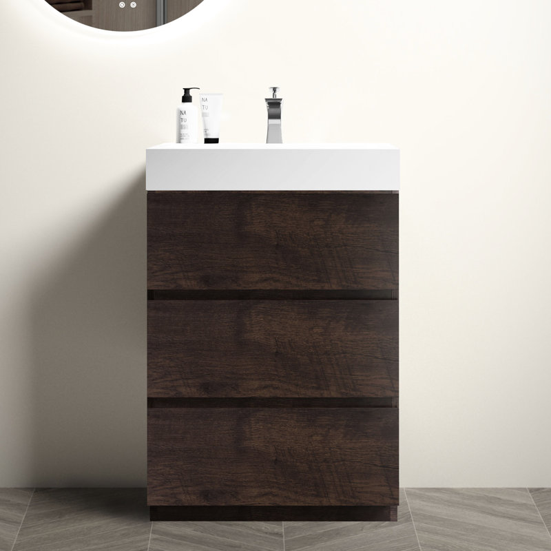 Meuble-lavabo en noyer de 24 po - Moderne, autoportant, grand espace de rangement, lavabo blanc, glissières de tiroir, meuble-lavabo préassemblé, lavabo moderne spacieux, coulisses silencieuses.
