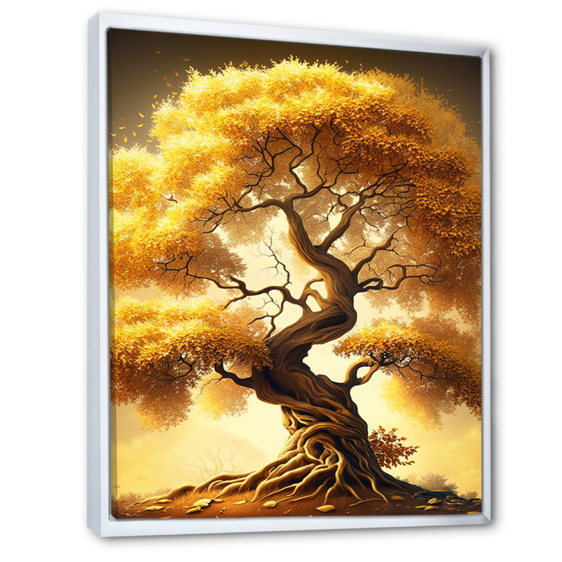 «Majestic Yellow Golden Tree I» sur toile, Cadre flottant blanc, H 20 po x l 12 po x P 1 po