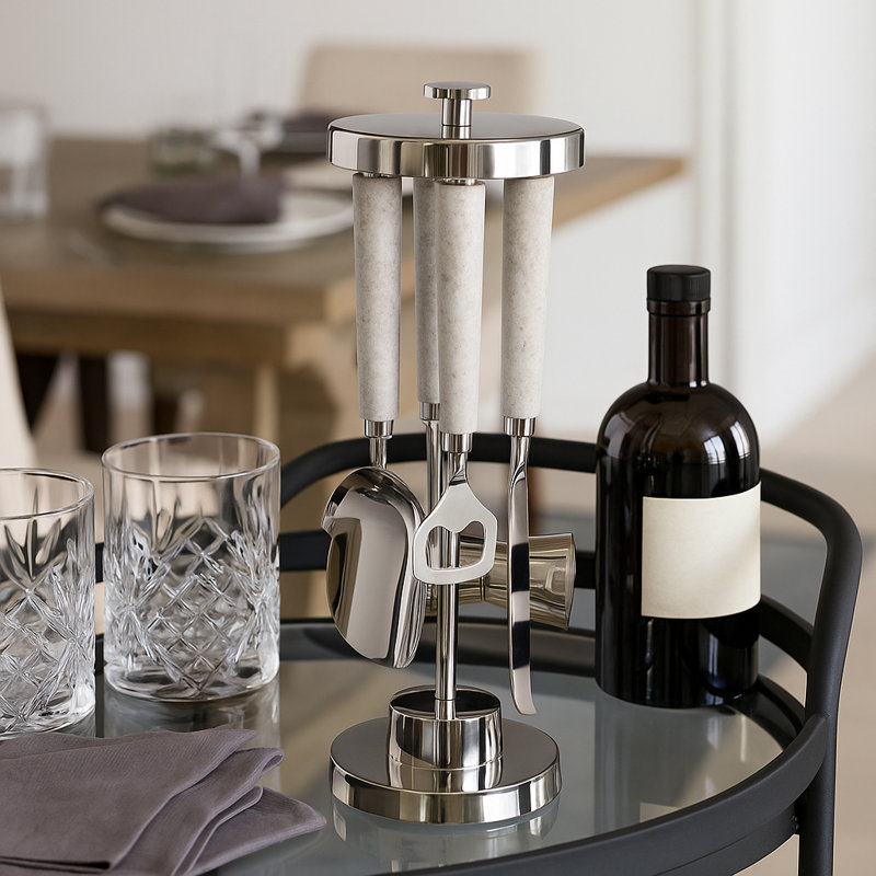 Decorative Bar Tool Set with Stand for Home Decor - Elegant Cocktail Bar Accessories for Dining Room or Kitchen Counter - Set of 5, 13", Silver
