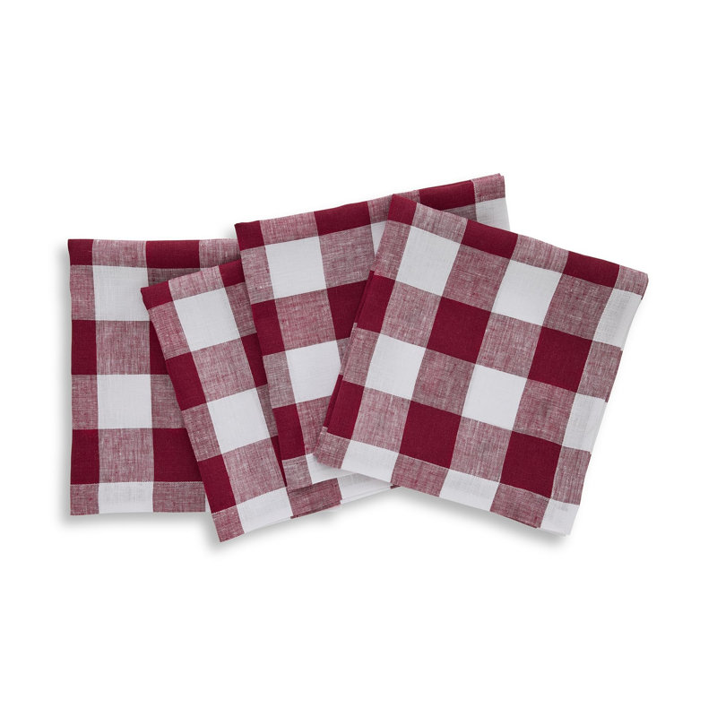 Buffalo Check - 100% Pure Linen Dinner Napkins, Burgundy/White