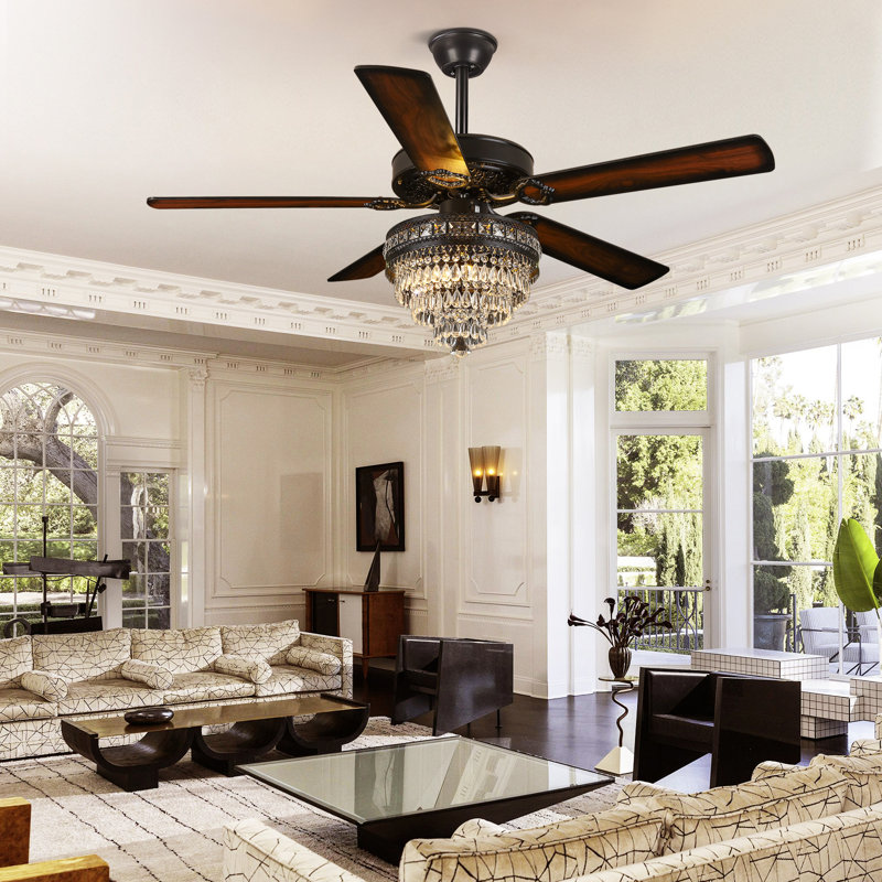 52"/62" Crystal Ceiling Fan Fandelier With Lights and Remote, Dark Walnut, 52"