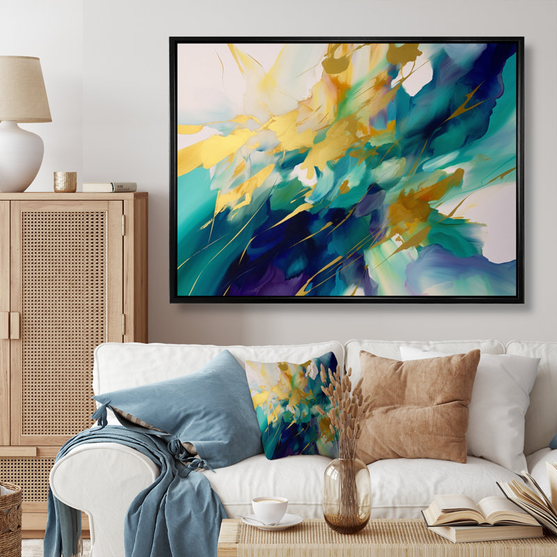Or et turquoise, ordre complexe II sur toile, H 16 po x l 32 po x P 1 po, Cadre flottant noir