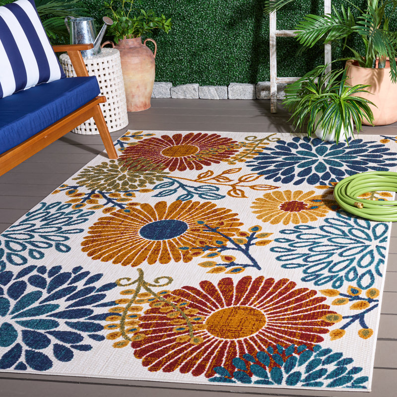 Tapis d'intérieur / extérieur floral Kellems Performance, Rectangulaire 3 pi x 5 pi, Blue/Orange/Cream