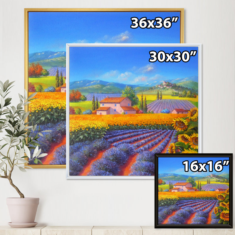 Lavande et champs de tournesols - Peinture sur toile, H 16 po x l 16 po x P 1 po, Cadre flottant blanc