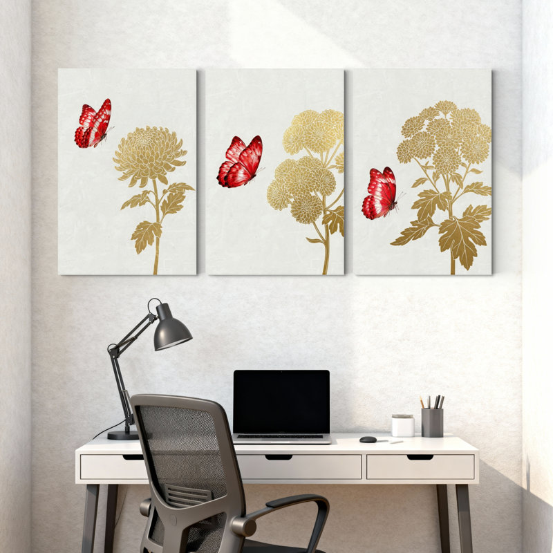 Plantes et fleurs papillon et fleur, ensemble de 3 reproductions d'art sur toile, H 18 po x l 36 po