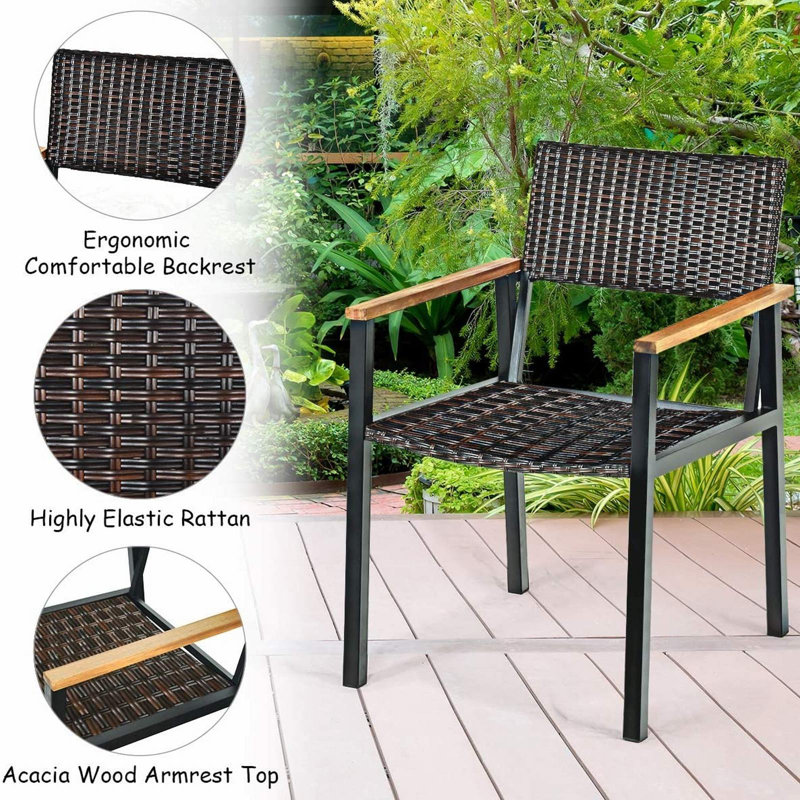 Acacia Wood and Black Metal 6-Person Outdoor Dining Set with Rattan Chairs