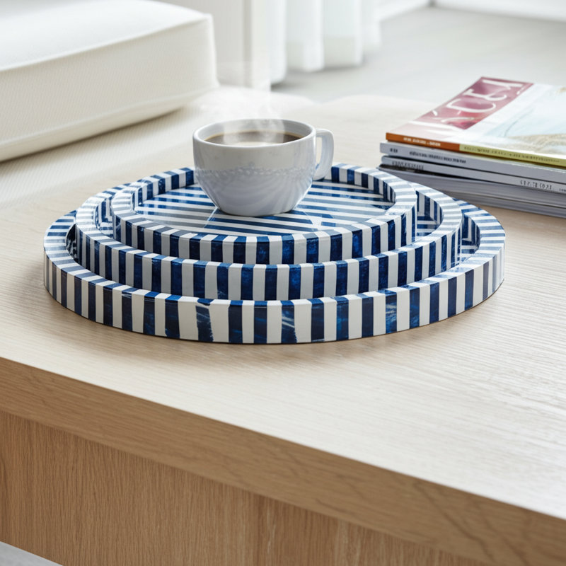 Coastal Resin & Wood Decorative Trays - Blue Striped Design - 16" 14" & 12" Round Nesting Display - Home & Office Decor Set of 3
