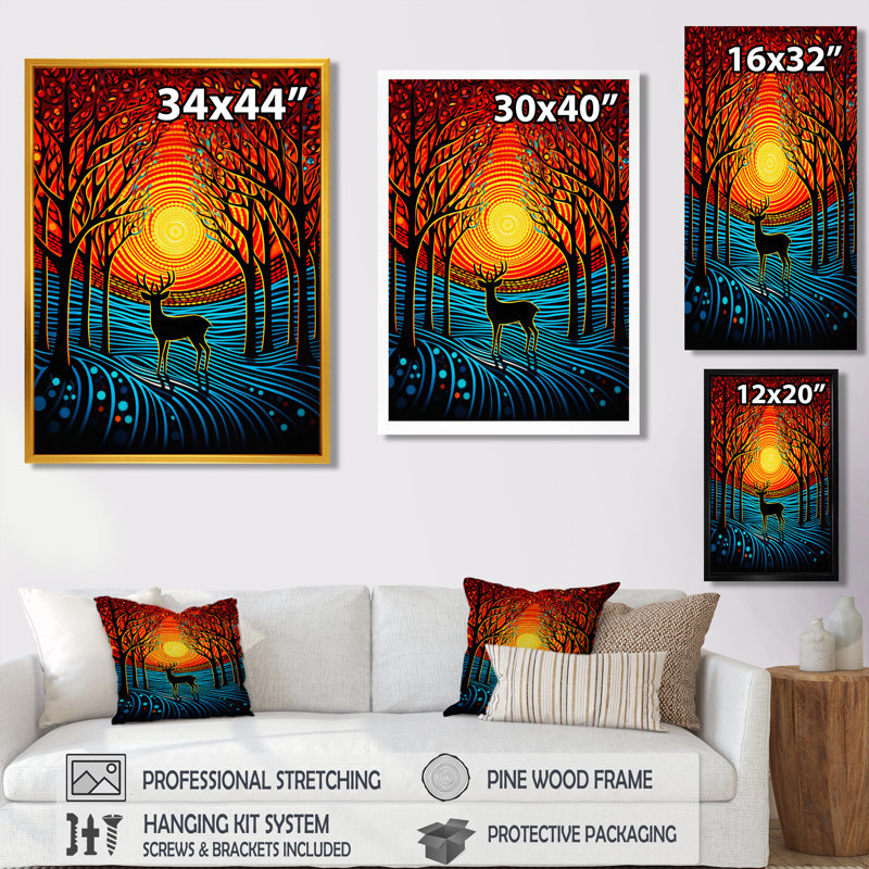 Cerf de Noël au coucher du soleil dans la forêt hivernale - Art mural animal cerf, Toile avec cadre blanc