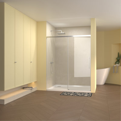 Porte de douche coulissante simple 60 po de largeur x 72 po de hauteur, verre fixe de 5 mm et verre coulissant de 6 mm sans cadre, verre trempé transparent, poignée en acier inoxydable, nickel brossé