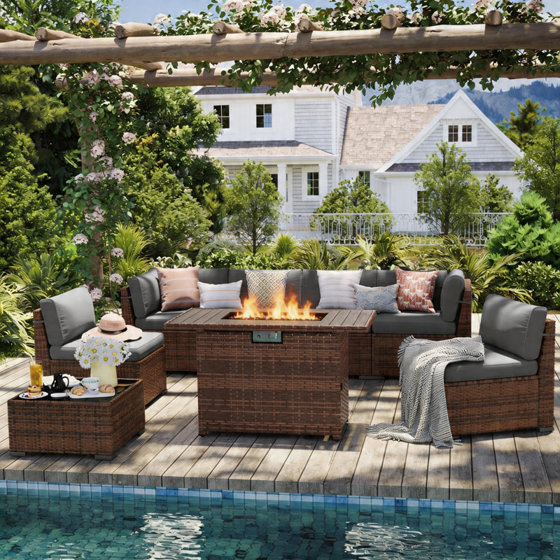 Ensemble de conversation modulaire en rotin pour 6 personnes avec coussins, Gris, Oui