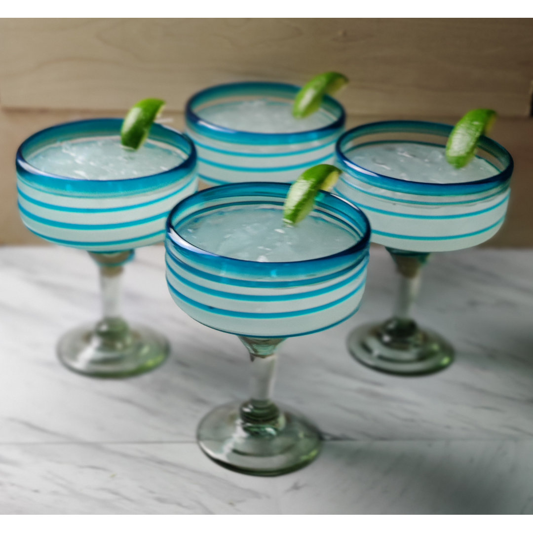 Mexican Hand Blown Glass - Hand Blown Margarita Glasses (16 Oz) With Aqua Spiral Design (Set of 4) Orren Ellis