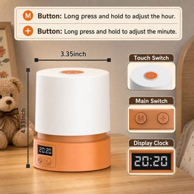 Orange Rechargeable Nursery Night Light with Clock for Kids, Touch-Control Bedside Desk Lamp for Breastfeeding, 3-Color Stepless Dimming for Restaurant and Bedroom Use