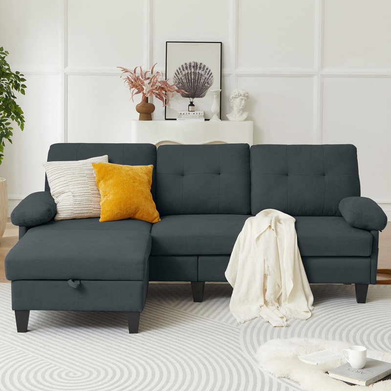 Canapé modulaire en forme de L 82,66 po avec repose-pieds amovible et sacs de rangement latéraux, 100 % lin gris anthracite