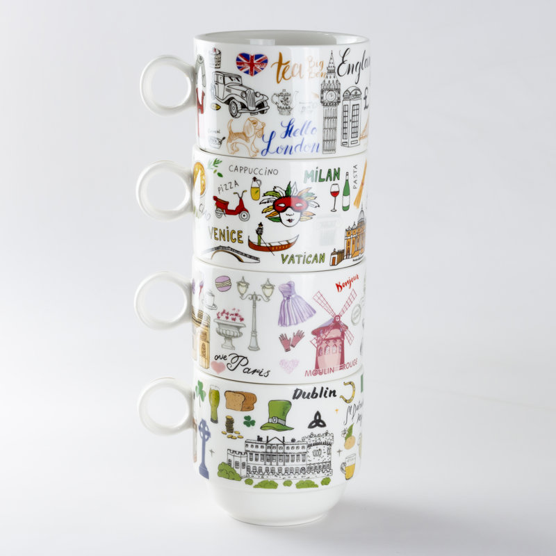  4 Piece Coffee Mug Set, London/Paris/Italy/Ireland