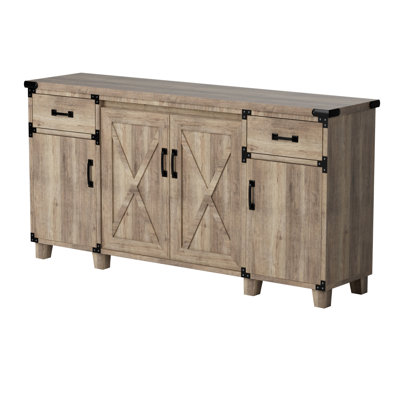 Buffet 65 po avec tablettes rustiques, armoire de rangement à portes de grange avec tiroirs, armoire à café avec rangement en bois