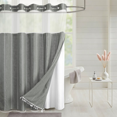 No Hook Linen Textured Striped Shower Curtain Tassels With Snap-In Liner