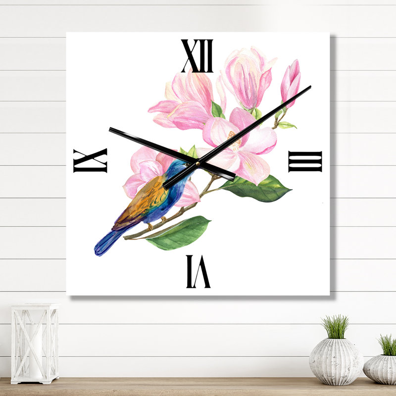 Oiseau bleu assis sur un brin de magnolia rose - Horloge murale traditionnelle, Très grand