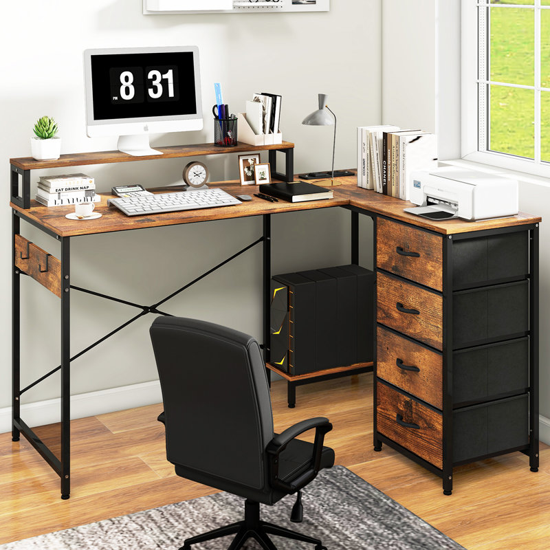 L-Shaped  Computer Desk with Built-In Electrical Outlet, Brown/Black