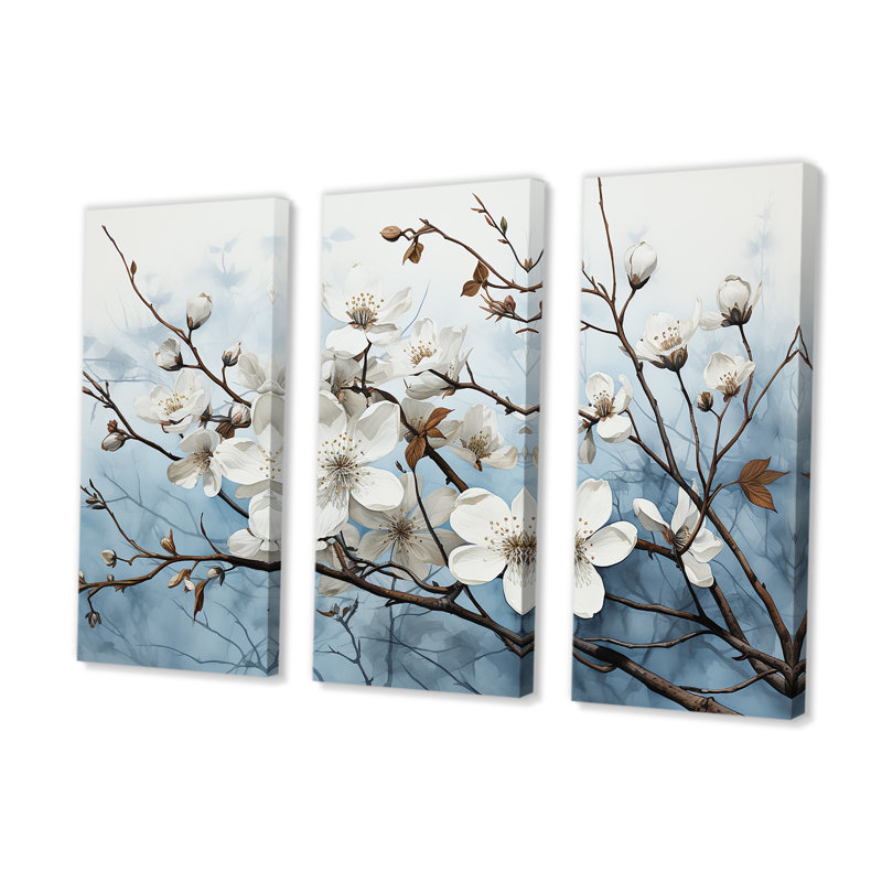 «White Dogwood Blossom Harmony V» - ensemble de reproductions d'art mural cornouiller, H 32 po x l 48 po x P 1 po