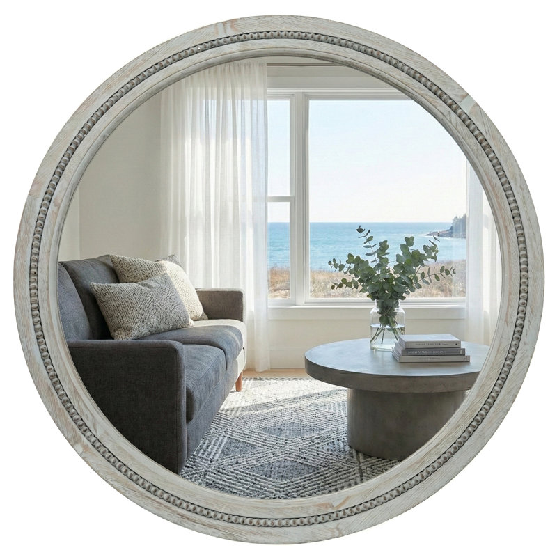 Miroir mural rond en bois massif, Gris patiné, 30 po x 30 po