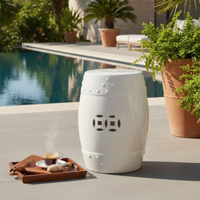 Garden Accent Stool, 17 Inch Round Drum Shape, White Ceramic, Cut Out Details