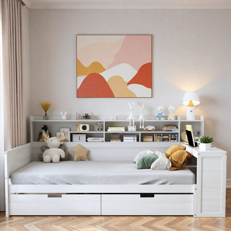 Wooden Daybed With Storage Shelves, 2 Storage Drawers And Study Desk, Antique White