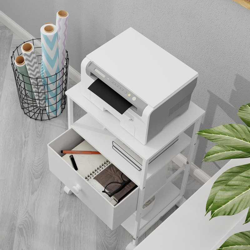 3-Tier Printer Stand With Charging Station, USB Port, Adjustable Open Shelves, And Fabric Drawers For Home Office Organization