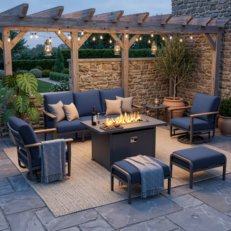 7-Person Outdoor Aluminum Patio Set With 55,000 BTU Fire Pit Table, Wood-Look Armrests, 5.12" Cushions, Swivel Chairs & Ottomans