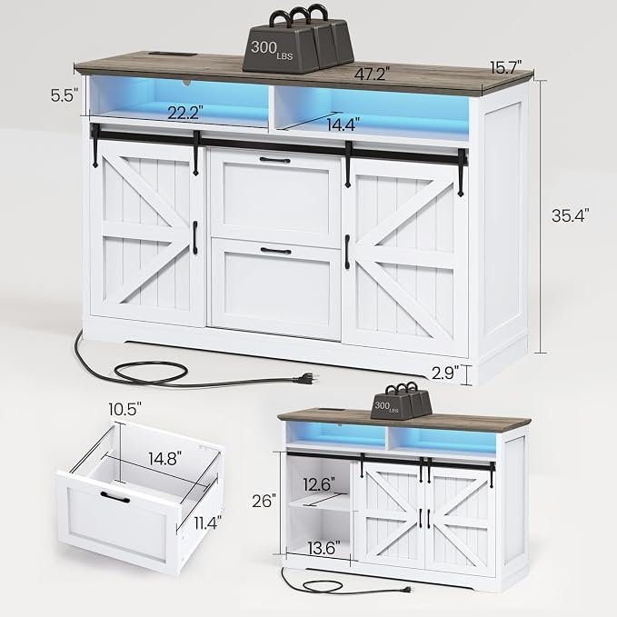 47.2'' W 2 -drawer File Cabinet Farmhouse Filing Cabinets with Barn Door & Power Outlets, White/Grey