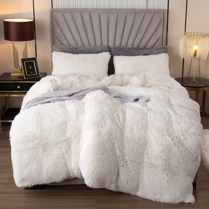 EMME Plush Shaggy 2/3pcs Duvet Cover Set Luxury Fuzzy Comforter Cover Set Bedding Set, King Duvet Cover + 2 Standard Shams