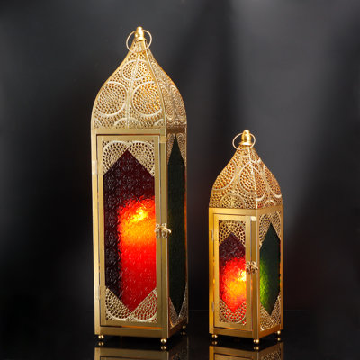 2 Piece Metal Glass Tabletop Lantern Set
