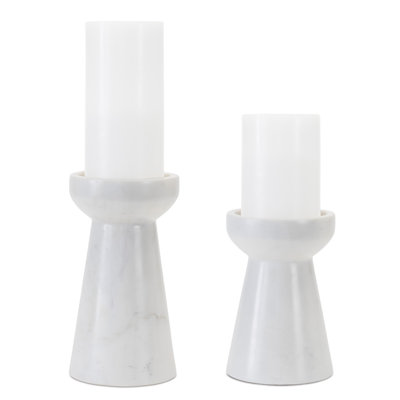 Ensemble de deux bougeoirs de table en marbre blanc et gris