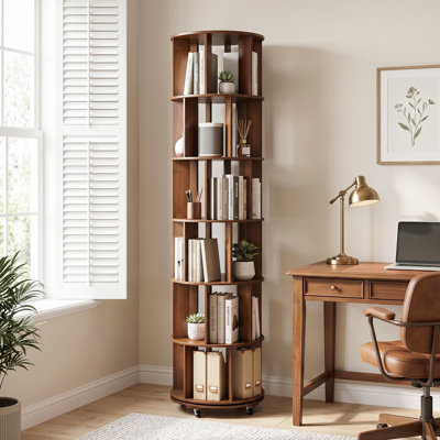 6-Tier Rotating Solid Rubberwood Bookshelf with Lockable Rolling Wheels,