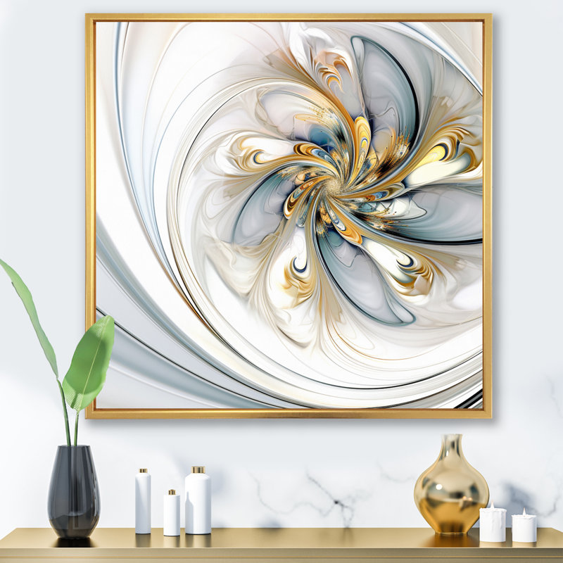 Fractal Flower Joy en blanc cosmique - impression, Cadre flottant doré, 24" H x 24" W