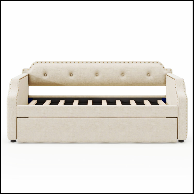 Upholstered Daybed with Trundle, Wood Slat Support, and Comfortable Sofa Bed for Versatile Use, Beige