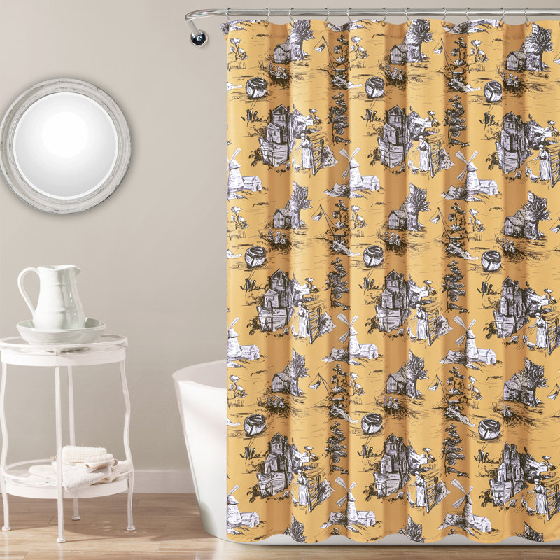 French Country Toile Toile Single Shower Curtain + Hooks, Yellow/Grey